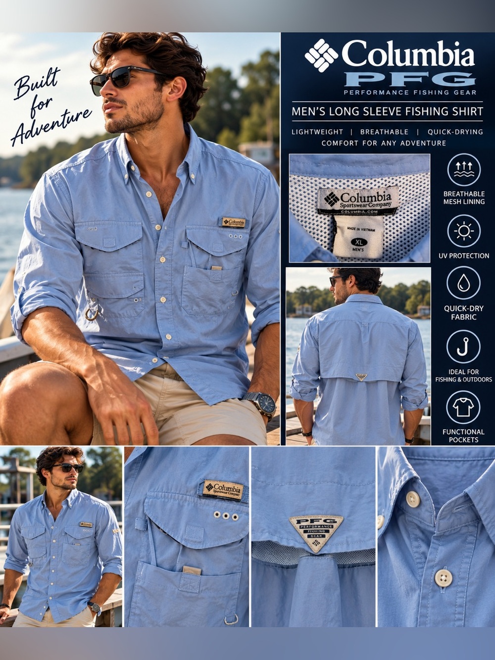 Columbia Men’s Long Sleeve PFG Fishing Shirt — Light Blue size XL